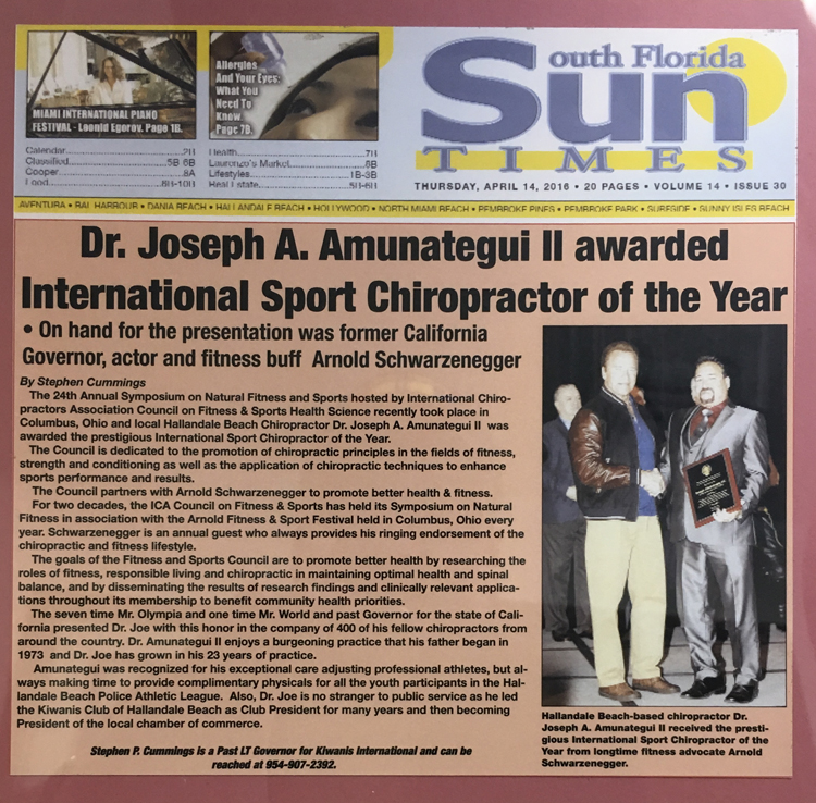 South Florida Sun Times - International Sport Chiropractor of The Year, 2016